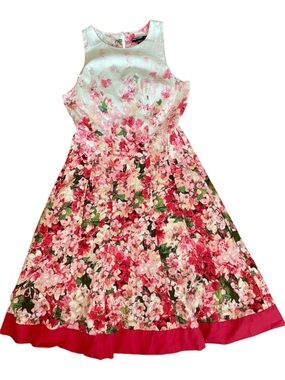 Maggy London Pink Floral Fit & Flare Dress Sheer Hem Panels A-Line US 4